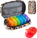Serfeymi Weekly Travel Pill Organizer 2 Times A Day AM PM Uppgraderad Rainbow Pill Box 7 Dag med Portable Zipper PU Leather Pill Case, Medicine Organizer för piller, vitaminer, fiskoljor - Brown 02