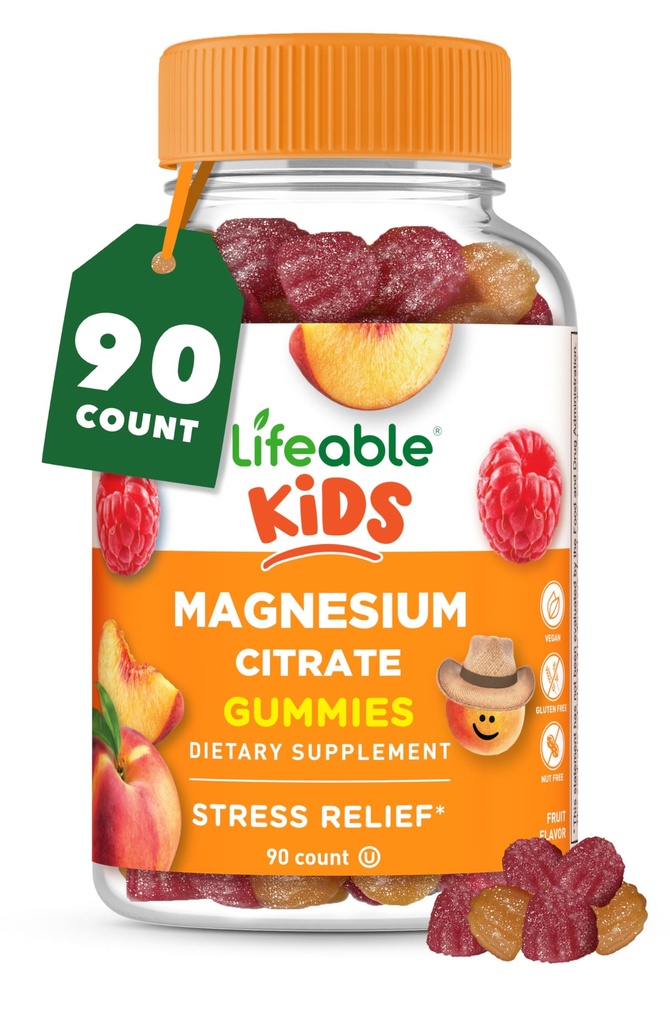 Livliga Magnesium Gummies för barn | 170mg Elemental Magnesium från 1,420mg Magnesium Citrate | Stora smakande barn Magnesium Supplement | Muskelstöd och stressavlastning Chewable | 90 Gummies
