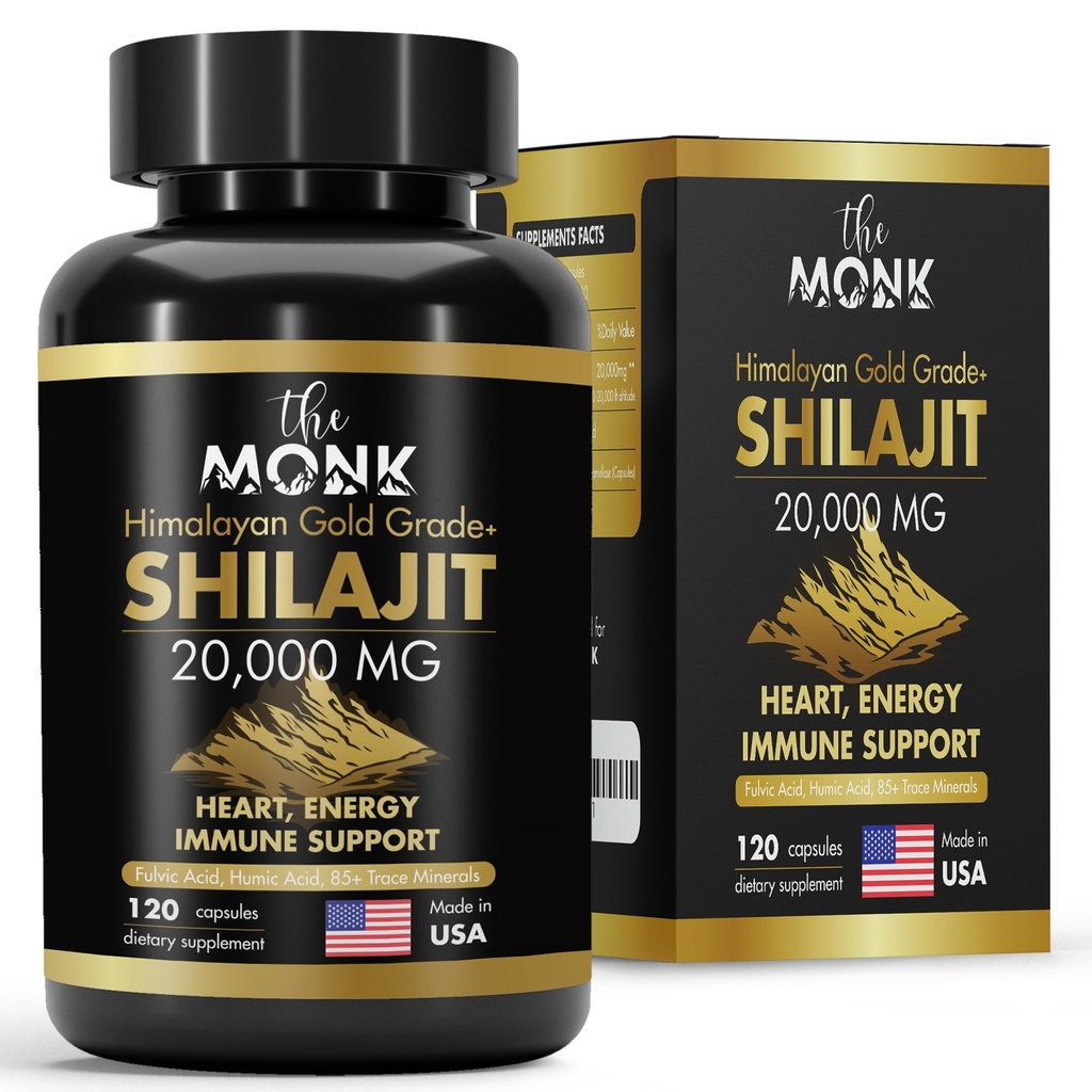 Organisk Shilajit med Fulvic Acid, Humic Acid, 85+ Minerals- Gold Grade Plus - Samma som Resin - Energi, Stamina, Brain Support - 120 kapslar - Tillverkad i USA