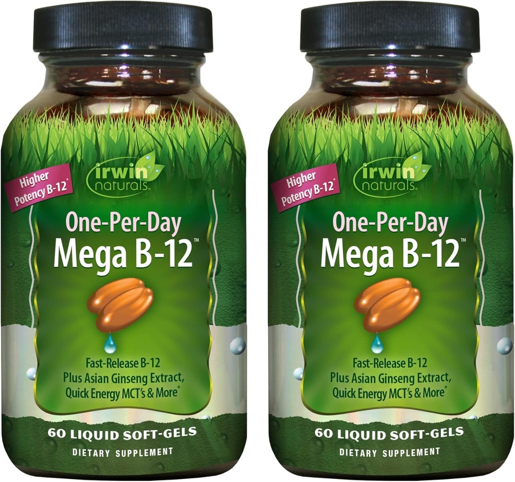 Irwin Naturals One-Per-Day Mega B-12 1,500mcg High Potency Methylcobalamin Vitamin - Fast Enhanced Absorption med MCT + Asian Ginseng - Natural Energy Boost - 60 Liquid Softgels (Pack of 2)