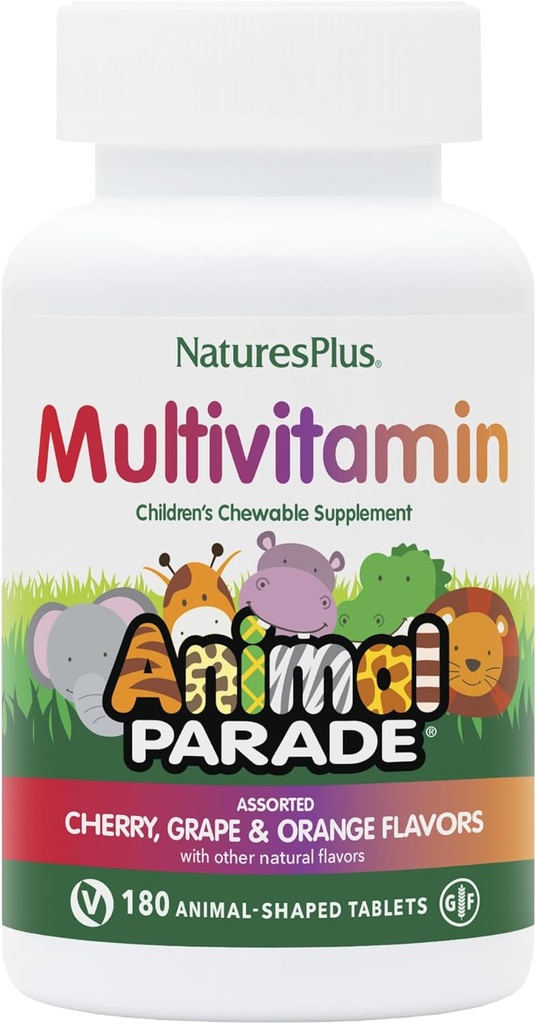 NaturesPlus Animal Parade Children's Chewable Multivitamin - 180 Djurformade tabletter, paket av 3 - Naturliga sorterade smaker - Vegan, Glutenfri - 270 Totalt portioner