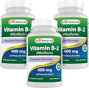 Bästa Naturals Vitamin B2 (Riboflavin) 400mg - Migraine Relief - Veggie Capsules - Conezyme Precursor - 120 Count (120 Count (Pack of 3)