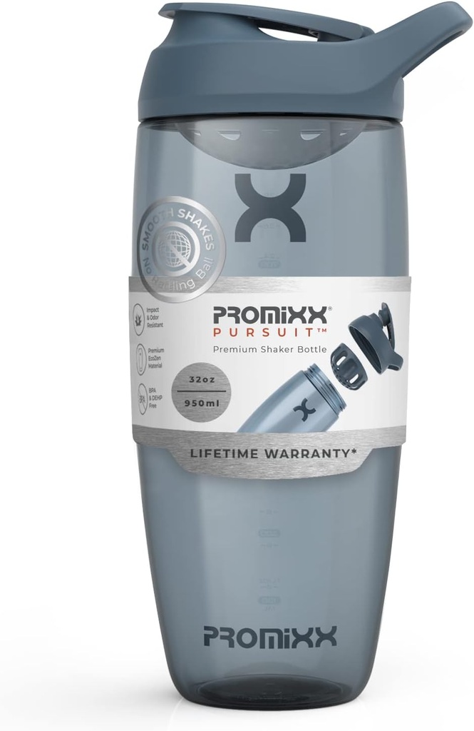 Promixx Pursuit Protein Shaker Bottle (32 oz) - Silent No-Ball Mixer, Leak-Proof Lid, BPA / BPS & Phthalate-Free ECOZEN - Easy-Clean Shaker Cup för Protein Shakes, Pre & Post-Workout Smoothies