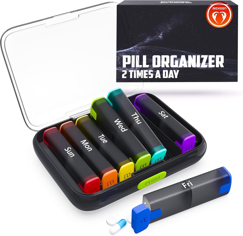 BEXEEN Weekly Pill Organizer 2 gånger om dagen - Pill Box 7 Day Am Pm - Travel Medicine Organizer Twice Daily Vitamin Holder Portable Supplement Case Week Morning Night Med Dispenser Detachable Container