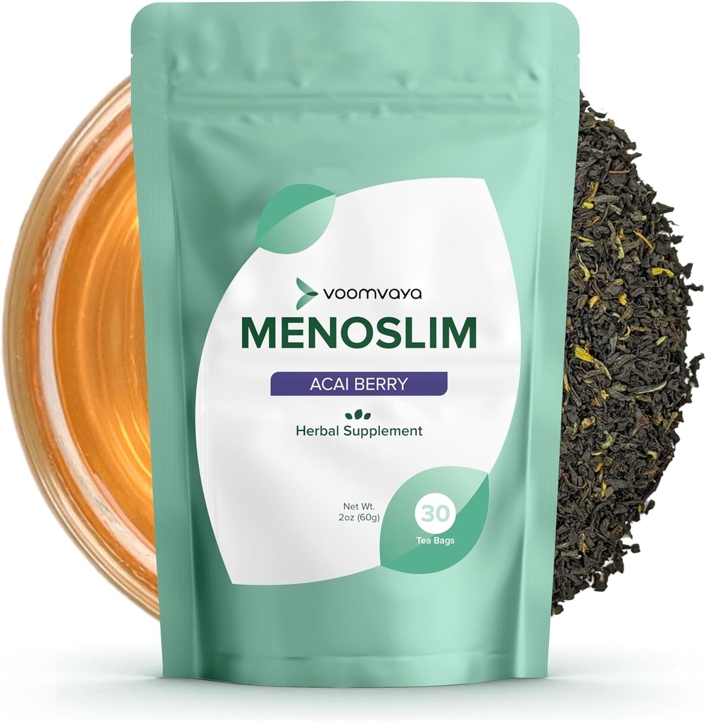 VoomVaya MenoSlim Tea - Hormonbalans Tea, Perimenopause & Östrogen Supplement för kvinnor - för Bloating, Hot Flashes, Night Sweats & Meno-Belly - Acai Berry Flavor - 30 Teabags