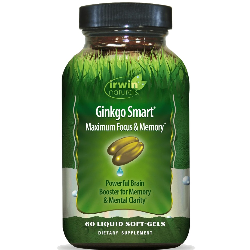 Irwin Naturals Ginkgo Smart Powerful Nootropic Brain Booster - Stöder maximalt minne, fokus och mental klarhet med DMAE, Clubmoss, Choline & Acetyl L-Carnitine - 60 Liquid Softgels