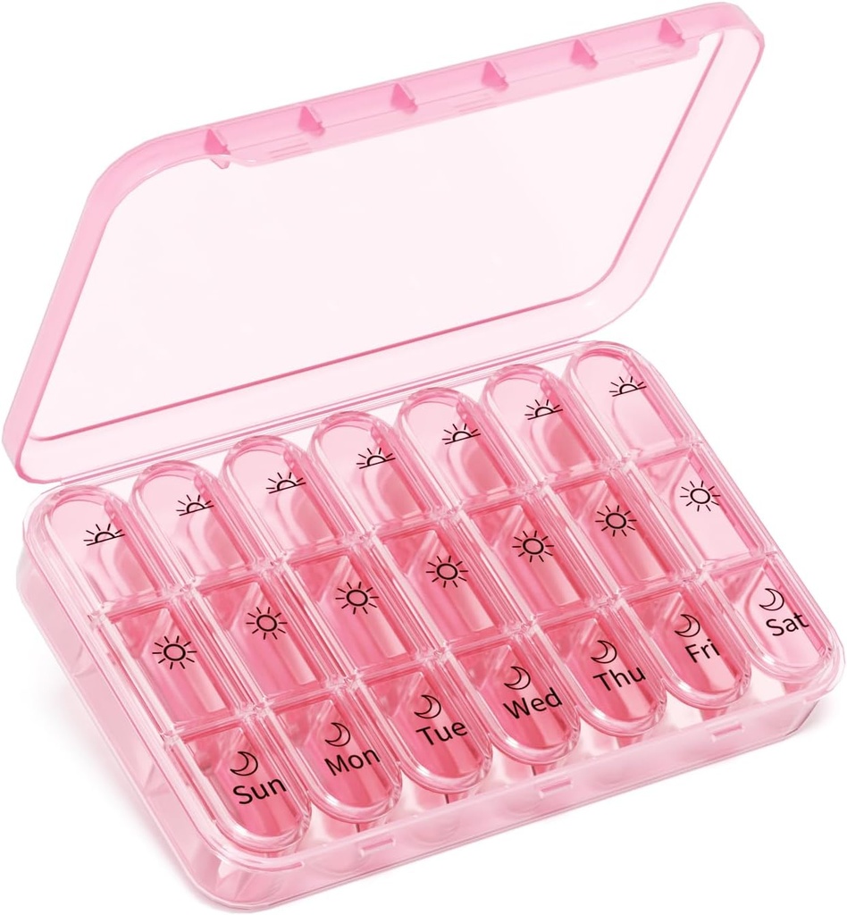 Pill Organizer 3X per dag | Rosa Perfection Portable Pill Case | 7-dagars Weekly Compartment | Stylish Travel Essential för Fashionistas | BPA-Free Health Companion | Luxury Bag Must-Have