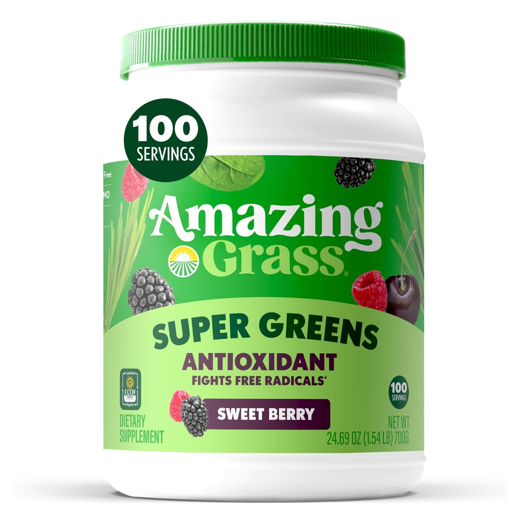 Amazing Grass Greens Superfood Antioxidant: Greens Powder med organisk Spirulina, Beet Root Powder, Elderberry & Probiotika, Sweet Berry, 100 portioner (Packaging May Vary)