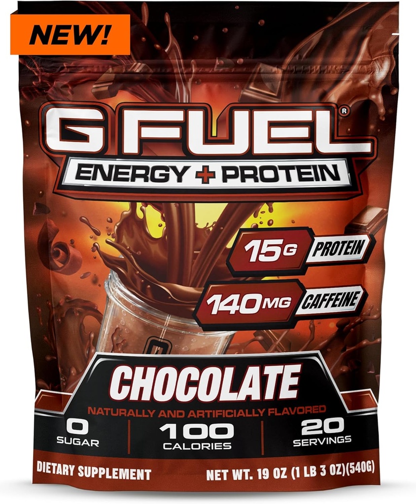 G bränsleprotein + Energidryckspulver, Pre Workout Caffeine Mix för spel, Sugar Free Focus Amino, Vitamin + Antioxidanter, 19oz (Chocolate, 20 portioner)