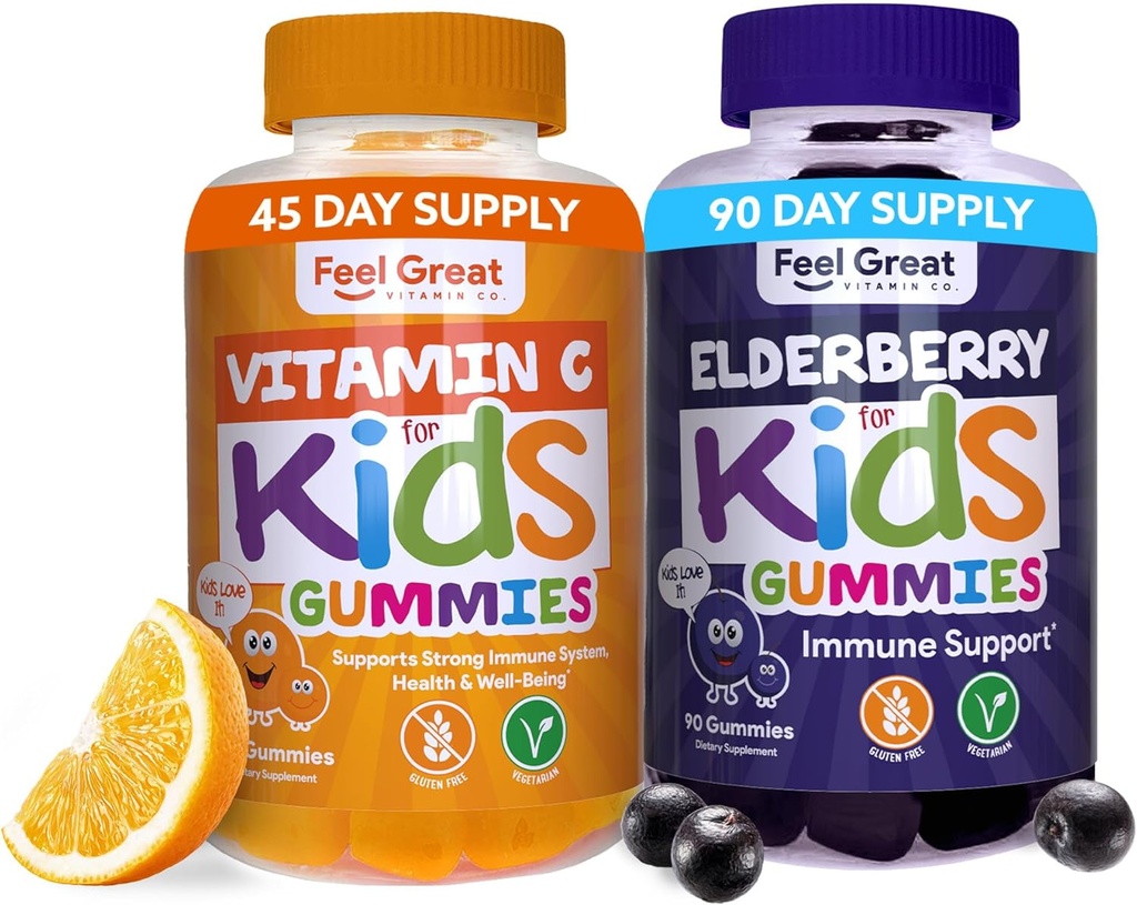 Feel Great Immune Support Gummies for Kids Duo - 90 Day Supply - Zinc, Vitamin C, Elderberry - Gluten Free, Plant Based - Tasty Berry & Citrus Gummies