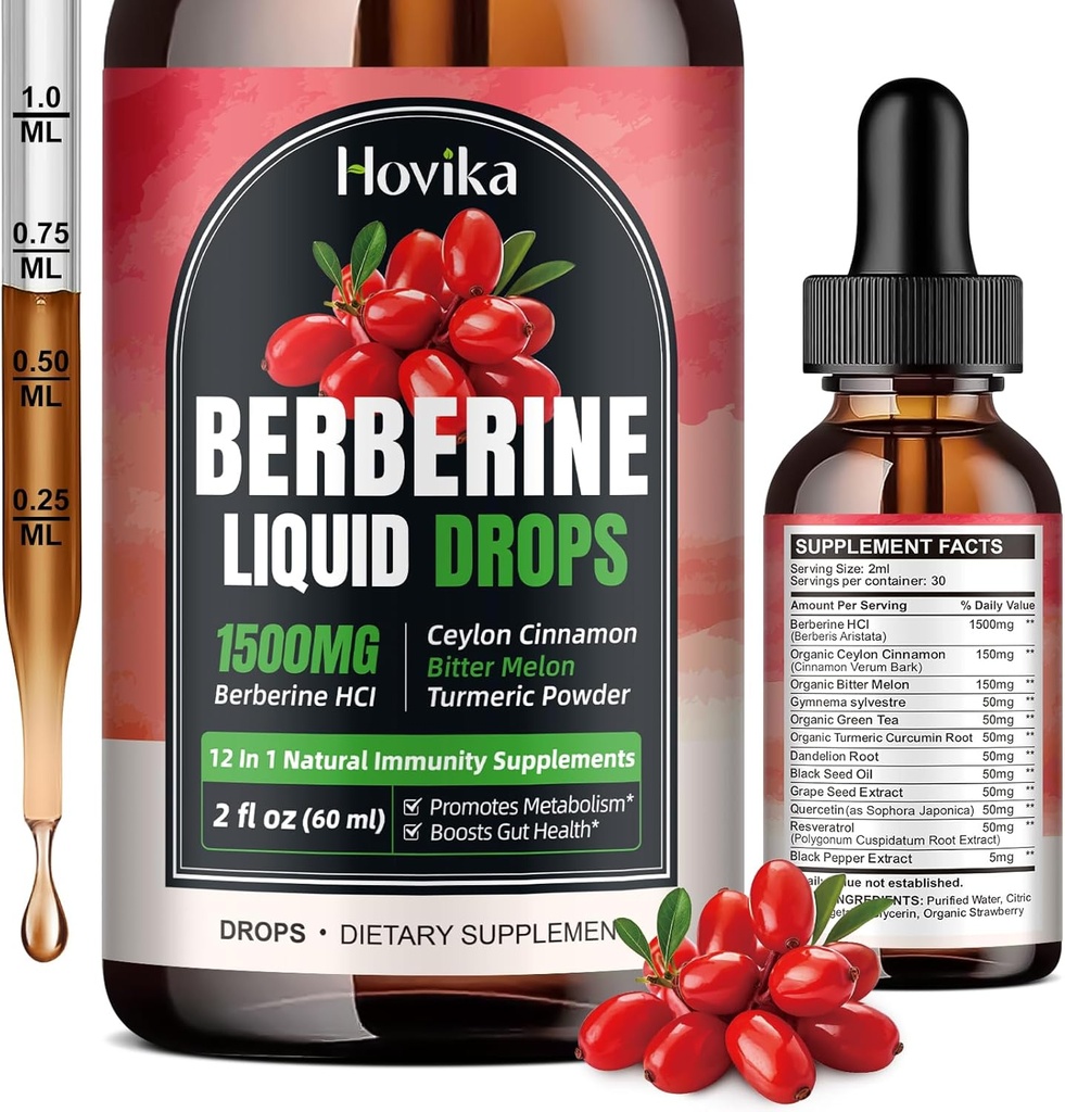 Berberine HCL Liquid Drops - 1500 mg Högt Absorbable Berberine Liquid Drops - Berberine Veggie Supplement för immun, Digestion System och Heart Health Support, Strawberry Flavor- 2 FL Oz