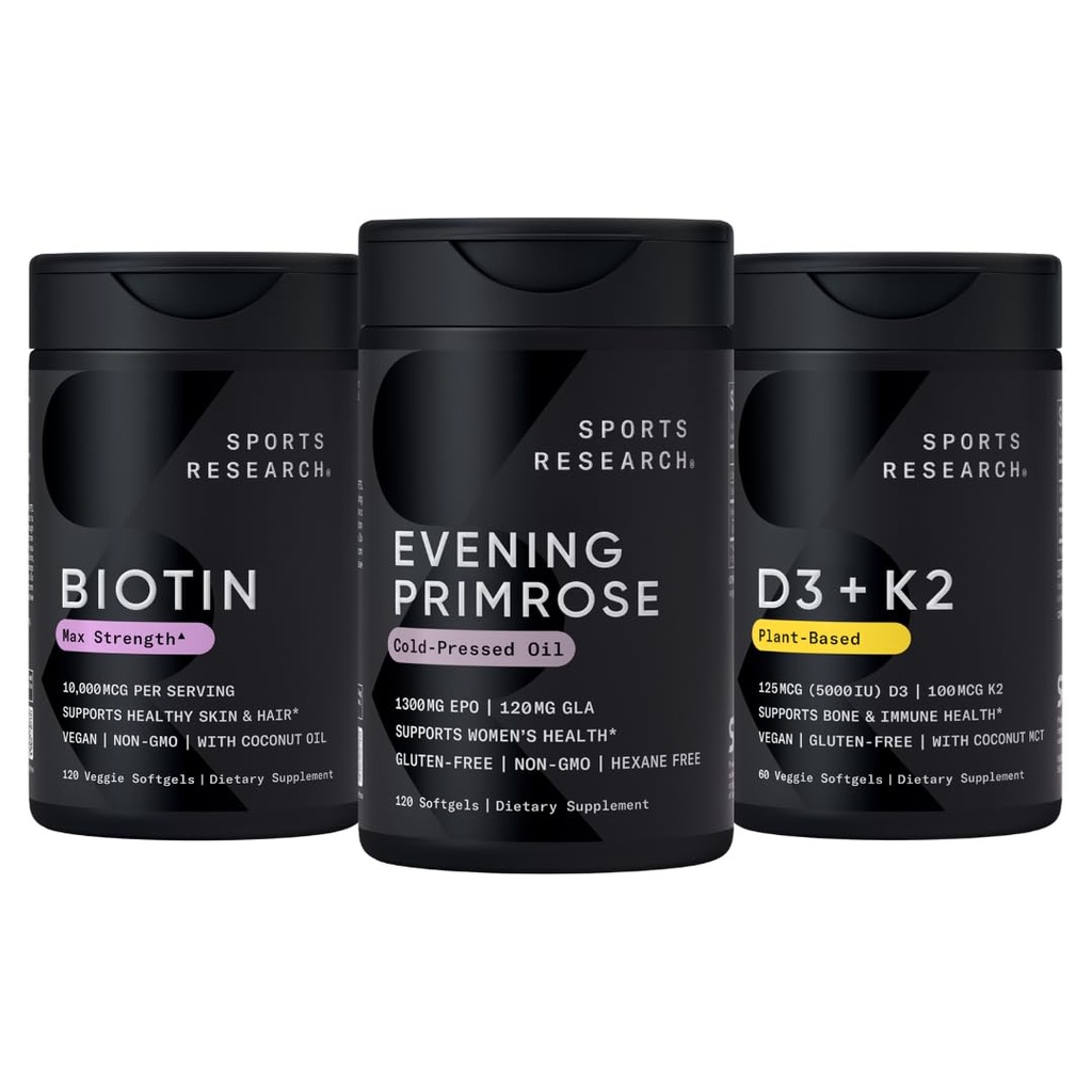 Sportforskning Vegan Biotin 10.000mcg med kokosolja, Evening Primrose Supplement från Cold Pressed Oil och Plant Based Vitamin K2 MK7 + Vegan D3 5000iu