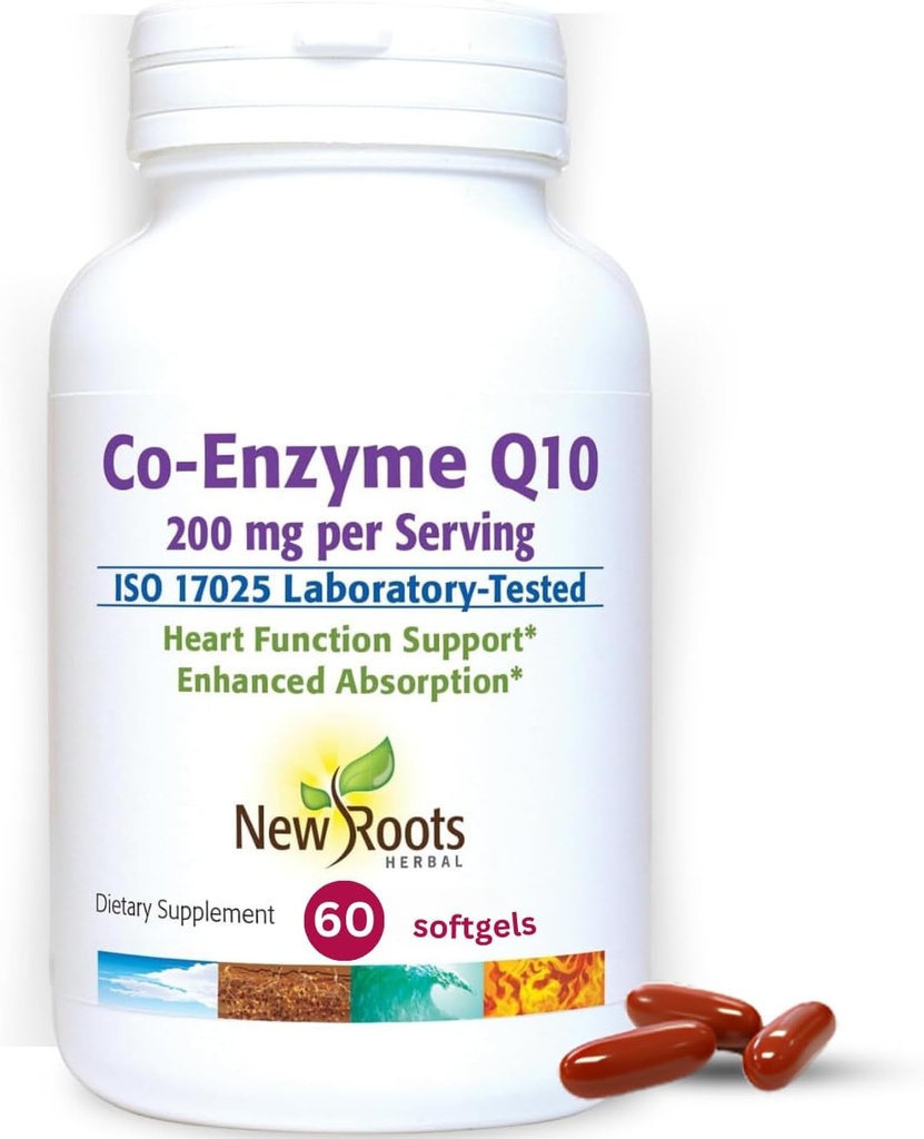 NEW ROOTS HERBAL CoQ10 Supplement Coenzyme Q10 (60 Softgels) 200 mg | Naturopatisk läkare formulerad för hjärthälsa och energistöd | Tillverkad med naturlig fermentering