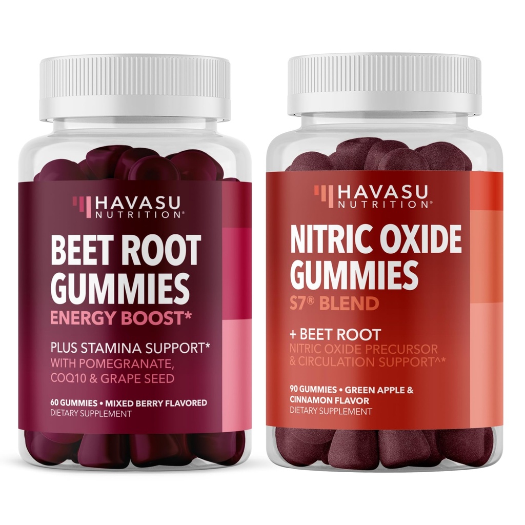 HAVASU NUTRITION Nitric Oxide Gummies med L-Arginine och Beet Root (1 Månadsförsäljning) & Beet Root Gummies med COQ10 & Pomegranate (1 Månadsförsäljning)
