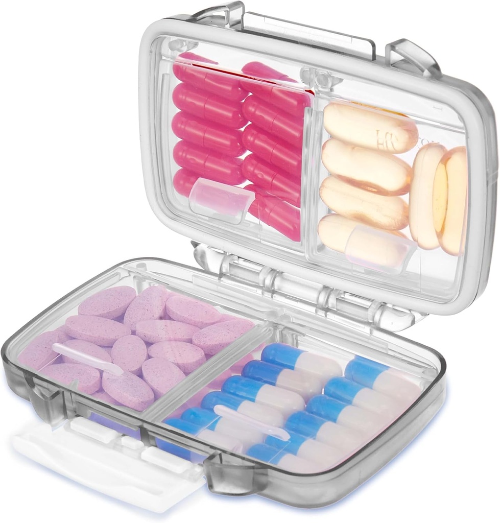 Fullicon Travel Pill Organizer, 4 Compartments Portable Pill Case, Moisture Proof Small Pill Box med etiketter, Travel Pill Case med Double Lock, Pocket Pharmacy för vitamin D3 & Fish Oil (Grey)