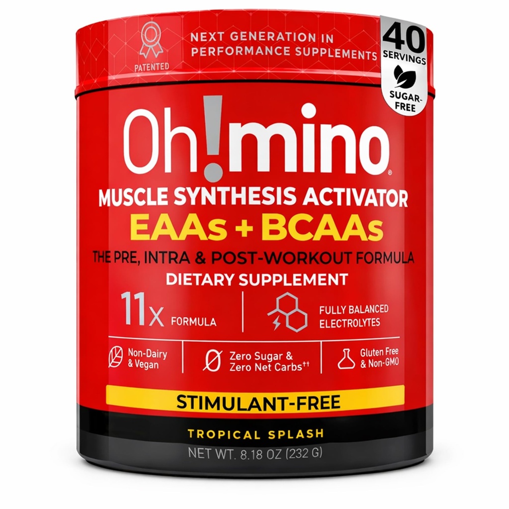 Oh!mino Essential Amino syror tillskott. Tropisk Splash, Stimulantfri pulver. Alla 9 EAAs, BCAA och den perfekta amino för träning, Amino Energy och att bygga muskler och återhämta sig snabbare.