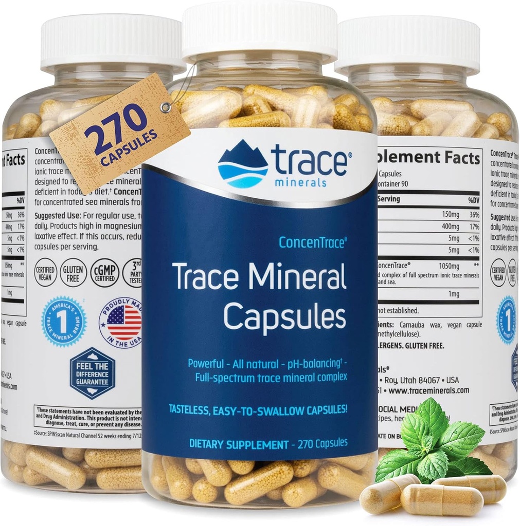 Trace Minerals Low-Sodium ConcenTrace Capsules - Tillägg för att stödja benhälsa och kroppsenergi - Hälsosam Hydration & Electrolyte Support Supplement - 270 kapslar (90 portioner