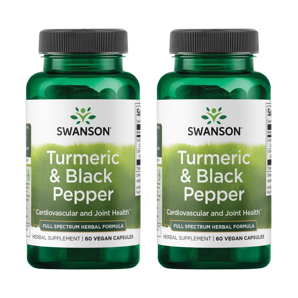 Swanson Turmeric & Black Pepper - Organic Joint Health, Heart Health, Digestion och Liver Support Supplement - Natural Formel för förbättrad biotillgänglighet & Absorption - (60 Veggie Capsules) 2 Pack