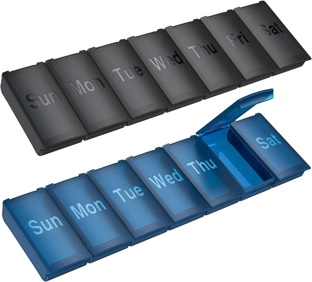 2 Pack Weekly Pill Organizer, Large Daily Vitamin Pill Box,Portable Travel Friendly 7 Day Pill Containers Medicine Holder,Handbag Outdoor Camping Small Pill Case för kosttillskott Fish Oil (Black+Blue)