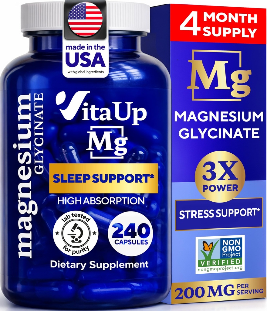 Magnesium Glycinate 200mg - USA Made Magnesium Supplement för sömn, hjärta, ben, Metabolism Support - Hög Absorption Magnesium Bisglycinate Capsules - 240 Vegan Chelated Capsules