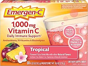 Emergen-C 1000mg Vitamin C-pulver, med antioxidanter, B-vitaminer och elektrolyter, vitamin C-tillskott för immunstöd, koffeinfri fizzydrycksmix, tropisk smak - 30 greve / 1 månadstillförsel