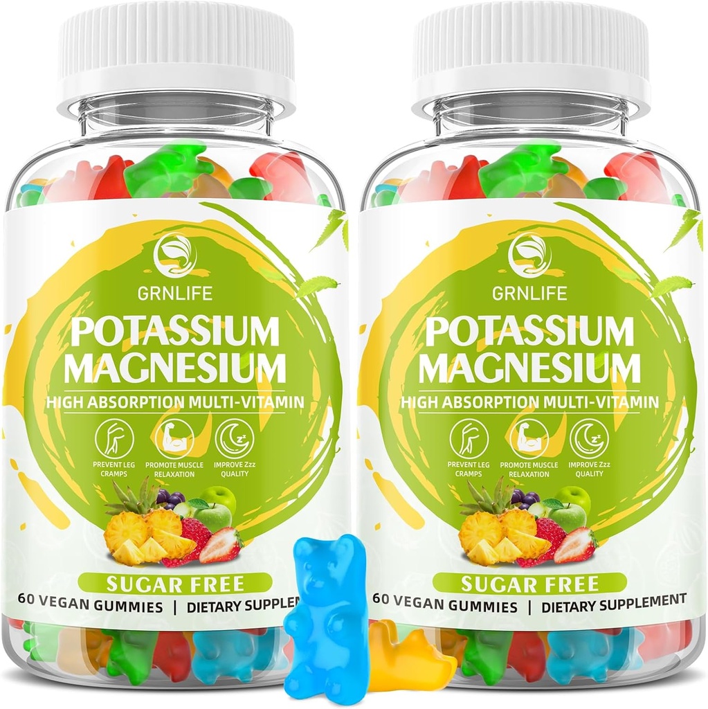 Kalium Magnesium Supplement Gummies, Potassium Gummies för vuxna barn, High Absorption Magnesium Glycinate för Leg Cramps & Immune Health, Sugar-Free, Vegan Mixed Flavors, 120 greve