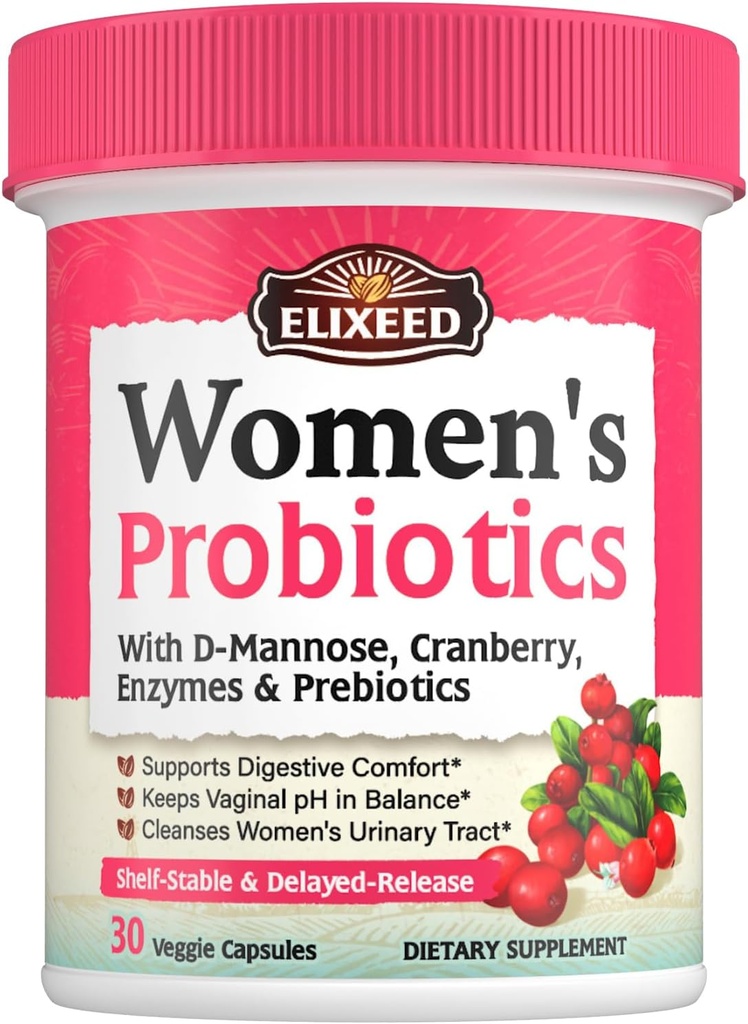Probiotika för kvinnor, 120 miljarder CFU med Prebiotics Cranberry D-Mannose & Enzymes, Digestive Vaginal & Urinary Tract Health, 30 försenade frisättning Caps