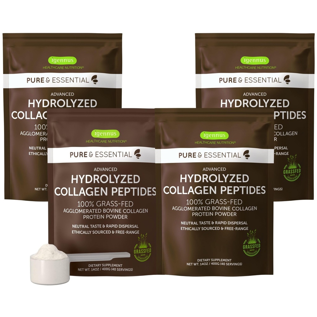 Igennus Free Range Grass Fed Hydrolyzed Bovine Collagen Peptides, Neutral Taste, 100% Högsta Grade Bovine Collagen Protein Powder, Typer 1, 2 & 3, Clean Label, Non-GMO, Free Range, 4 x 40 Servings