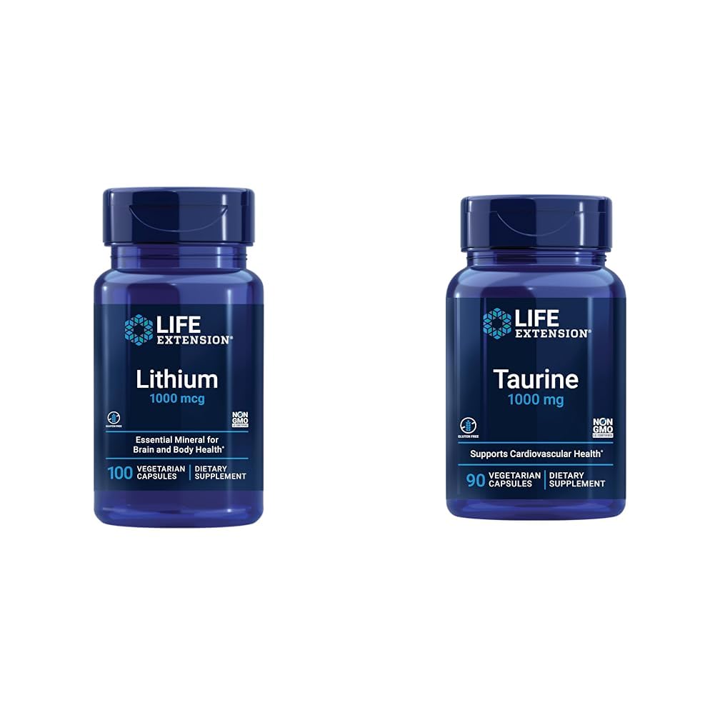 Litium 1000 mcg och Taurin 1000 mg - Hjärnhälsa, anti-aging, livslängd, minne, kognition, humör, hjärta, lever, muskel och träningsstöd - 100 greve