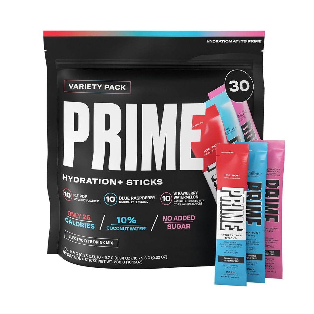 PRIME HYDRATION+ Sticks Variety Pack | Hydration Powder Single Serve Sticks | Electrolyte Powder On The Go | Low Sugar | Koffeinfri | Vegan | 30 Sticks