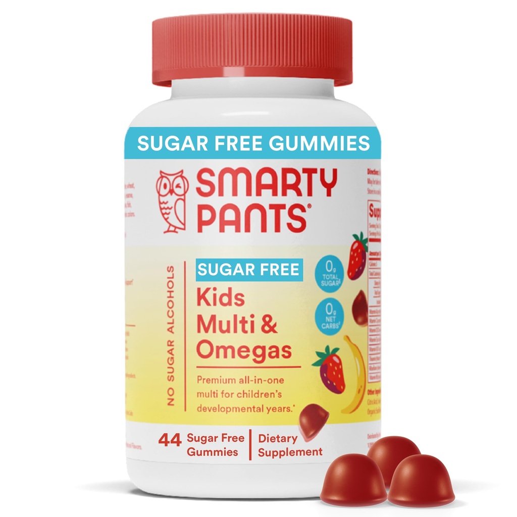 SmartyPants Kids Multivitamin Gummies, Sugar Free: Omega 3 (ALA), Vitamin D3, C, Vitamin B12, B6, A, K & Zink för Immune Support, Biotin, Erythritol Free, Strawberry Banana, 44 greve (22 Dag Supply)