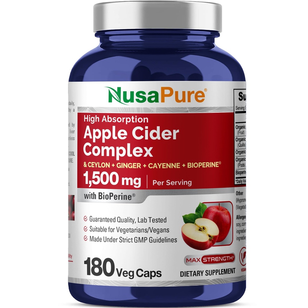 NusaPure Apple Cider Vinegar Complex 1500 mg 180 Veg Caps lämpliga för vegetarianer och veganer, icke-GMO