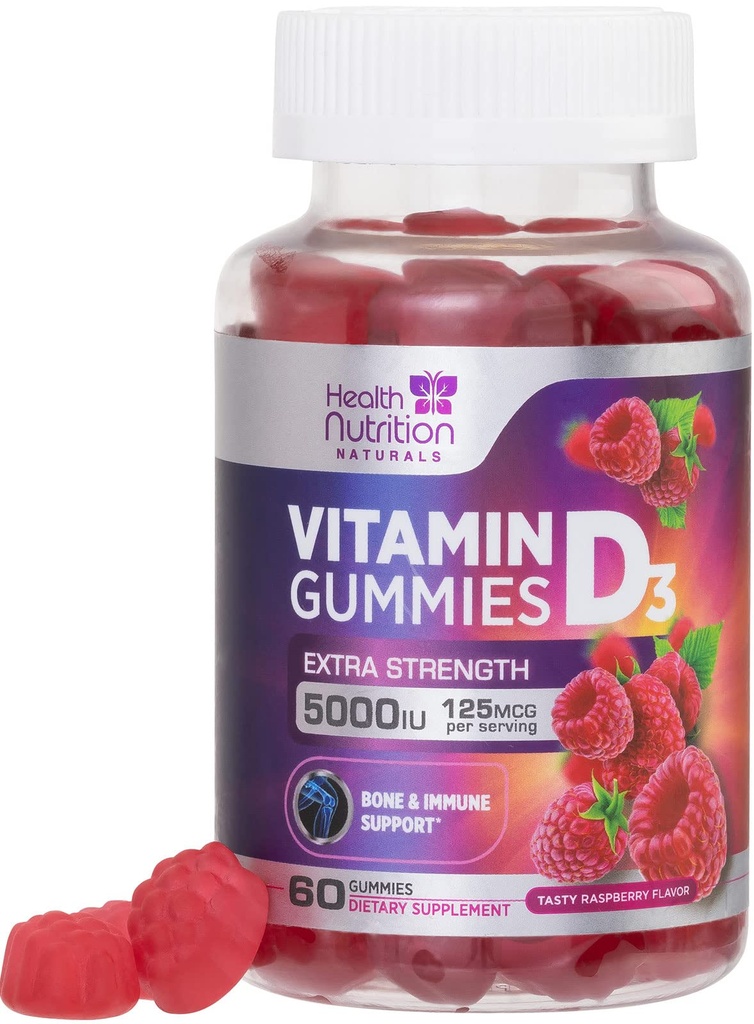 Vitamin D3 Gummies 5000 IE (125 mcg) - Triple Strength Bone och Immune Support, Vitamin D Gummy Dietary Supplement, Nature's Berry D Vitamin Supplement, Raspberry Flavored, Non-GMO - 60 Gummies