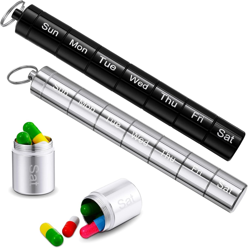 Vesici 2 Pack Metal Weekly Pill Organizer Travel Pill Container med Keychain 7 Day Weekly Waterproof Small Capsules Holder Case Box Stackable för Kvinnor Reser Utomhus (Black, Silver)