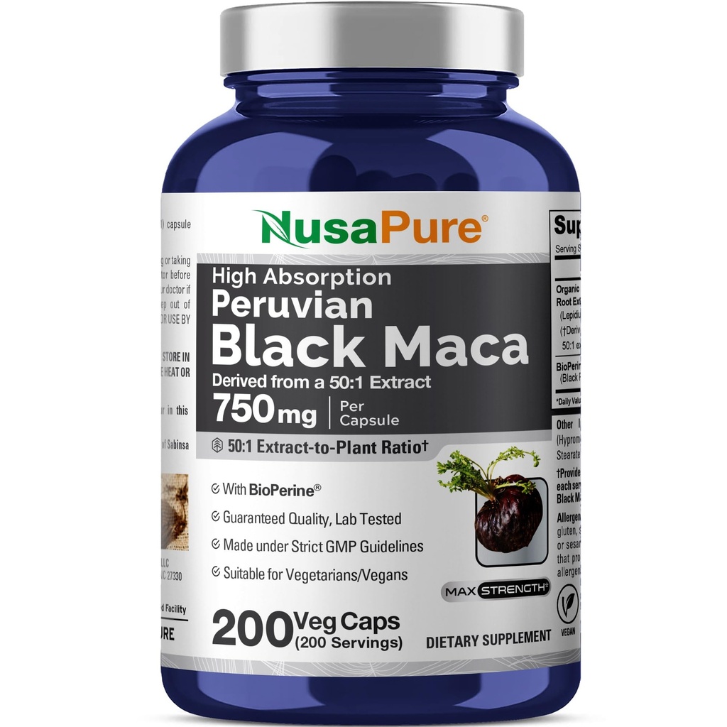 NusaPure Black Maca Root 50:1 Extrakt, 750 mg Equivalent till 37 500 mg 200 Veggie Per Caps (Vegan, Non-GMO)