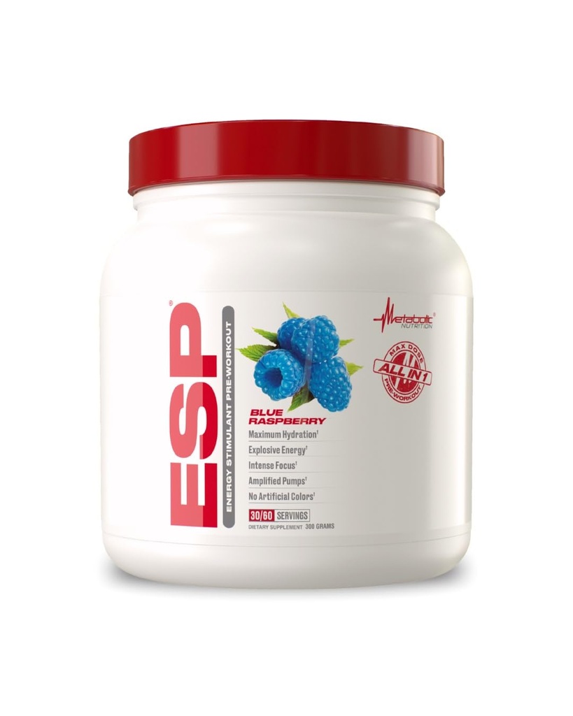 Metabolic Nutrition | ESP - Stimulerande Pre Workout, Pre Intra Workout Supplement | Energy & Endurance Stimulating | Naturlig, säker och mental fokus | Blå Raspberry, 300 Grams (90 portioner)