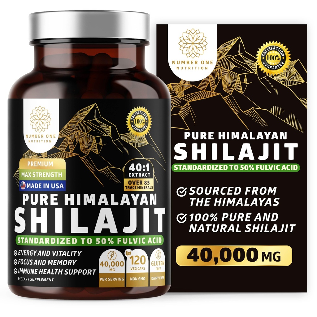 Ren Himalayan Shilajit Supplement för män och kvinnor, [40.000MG, Max Styrka] Innehåller 50% Fulvic Acid med över 85 spårmineraler för att stödja energi, hjärna och immunitet, 120 Veg Caps
