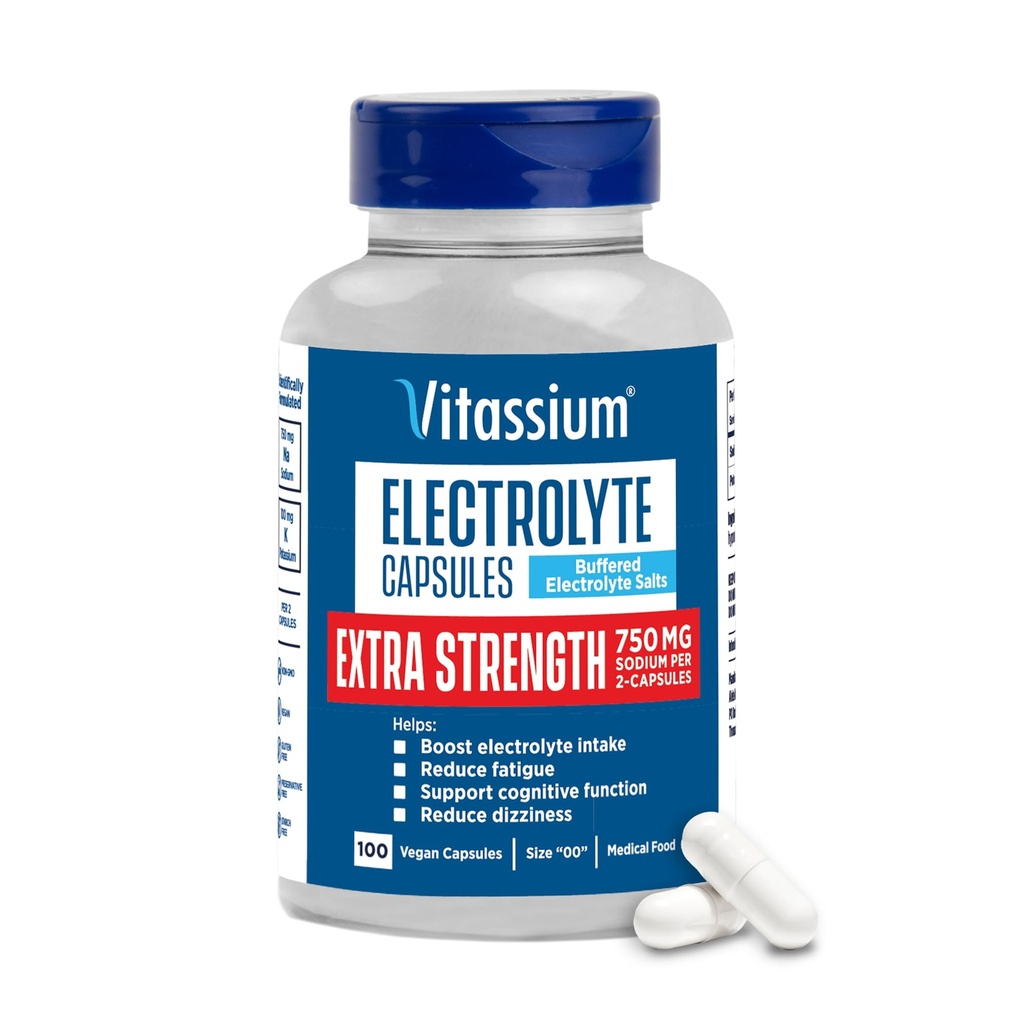 Vitassium Extra Strength Electrolyte Capsules, 750mg av natrium för hantering av POTS och höga natriumdieter, osmakade, 100 saltpiller (storlek 00)