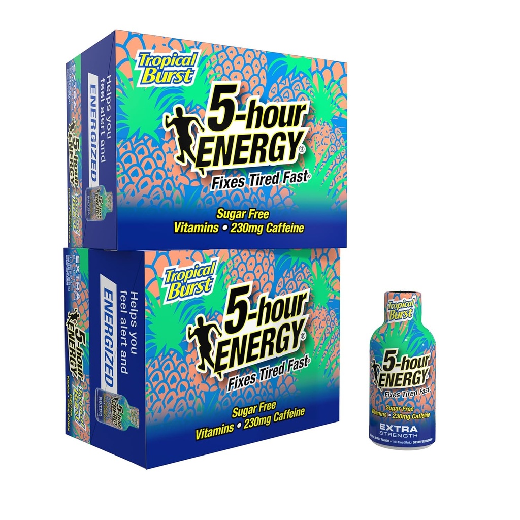 5-timmars ENERGY Extra Strength Energy Shot, Tropical Burst Flavor (1,93 oz., 24 Count) Zero Calories & Sugar-Free 230 mg Caffeinated Shot, Amino Acids & B Vitamins, Kosttillskott