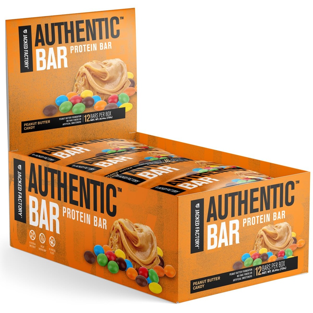 Jacked Factory Authentic Bar Peanut Butter Candy Protein Bars - Tasty Meal Replacement Energy Bars w / 16g Whey Protein Isolate, Natural Sugars från Pure Honey, Healthy Fat - 12 Pack
