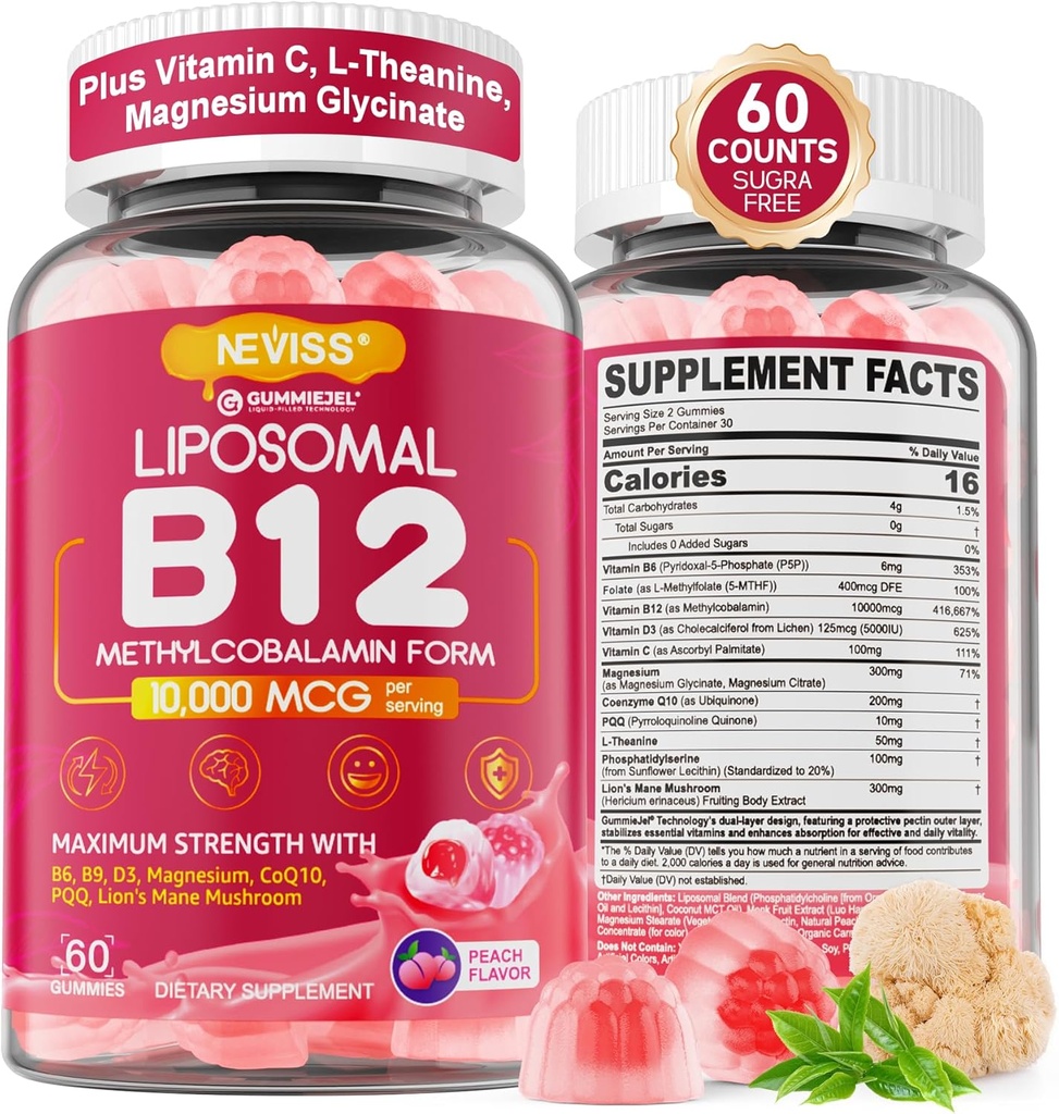 Methyl B12 Gummies 5000 mcg/10000 mcg w/L-Methylfolate, B6, Lion's Mane Mushroom, CoQ10, PQQ, Magnesium Glycinate, Extra Strength Liposomal Vitamin B12 Complex för energi, Fokus, Brain & Immunity 1Pack
