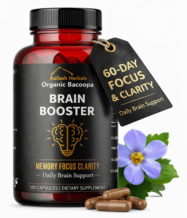 Bacopa, organisk hjärnbooster, Nootropic Brain Supplement, Bacopa Monnieri/Brahmi, för mental skärpa, fokus, minne och kognitiv Wellness, 120 kapslar 500mg, 2 månaders leverans