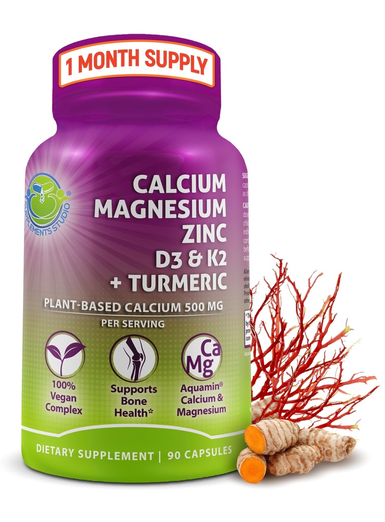 Plantbaserad kalcium 500mg (Aquamin) - Vegan Calcium Magnesium Zink D3 med vitamin K2 & Organisk gurkmeja - Förbättrad ben och muskelhälsa och styrka, immunstöd för kvinnor och män - 90 greve