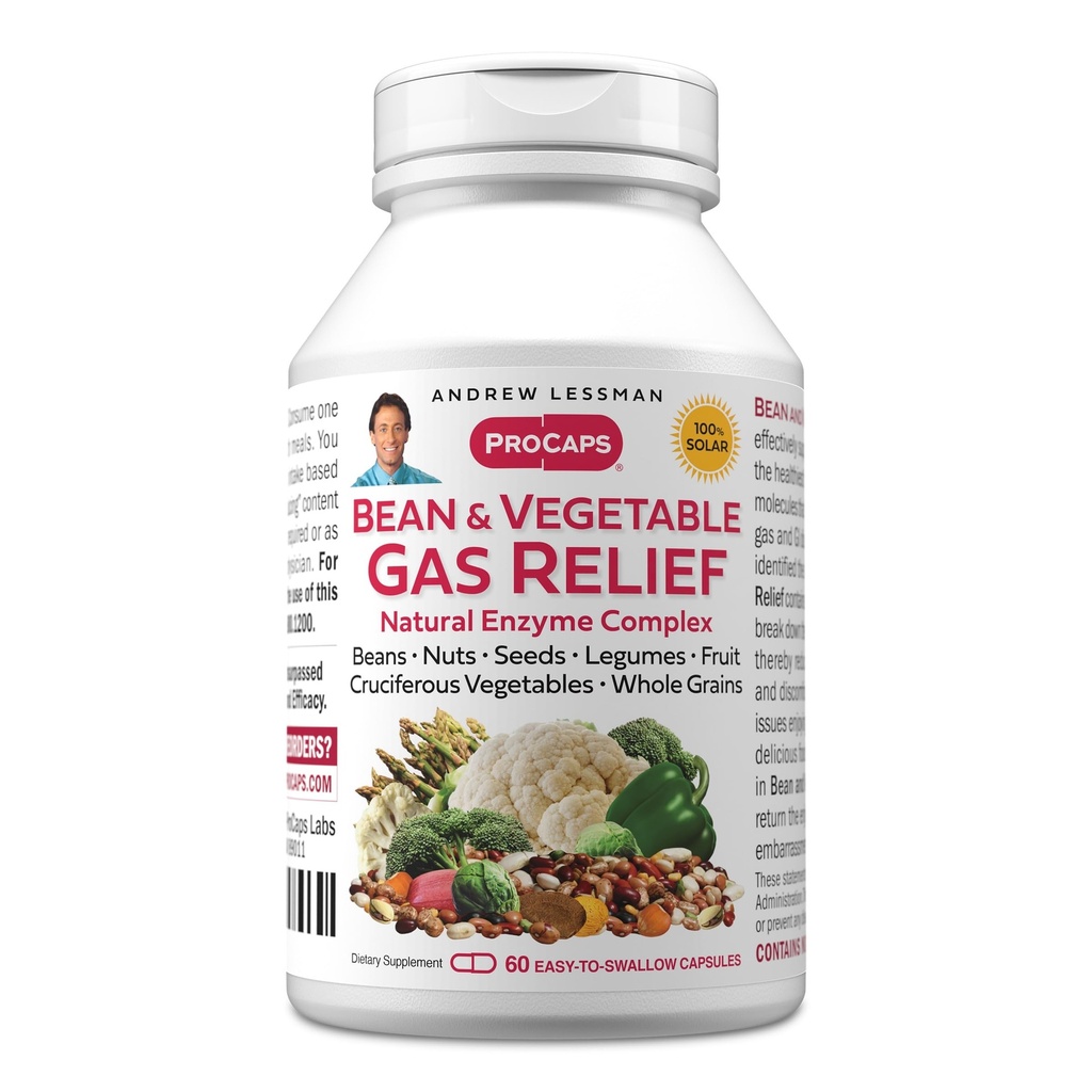 ANDREW LESSMAN Bean and Vegetable Gas Relief 60 Capsules - Natural Enzyme Complex Reduces Gas, Bloating from Beans, Cruciferous Vegetables, Fruits, Grains och andra livsmedel. Gentle och Effective