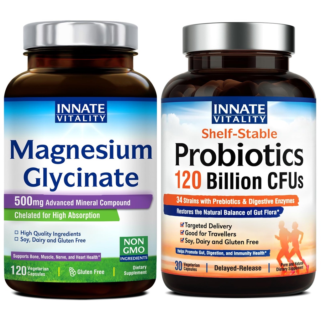 Innate Vitality Magnesium Glycinate & Probiotics 120 miljarder Bundle, Non-GMO, No Gluten Dairy Soy & Vegan, Magnesium (120 Caps) & Probiotic (30 Caps)