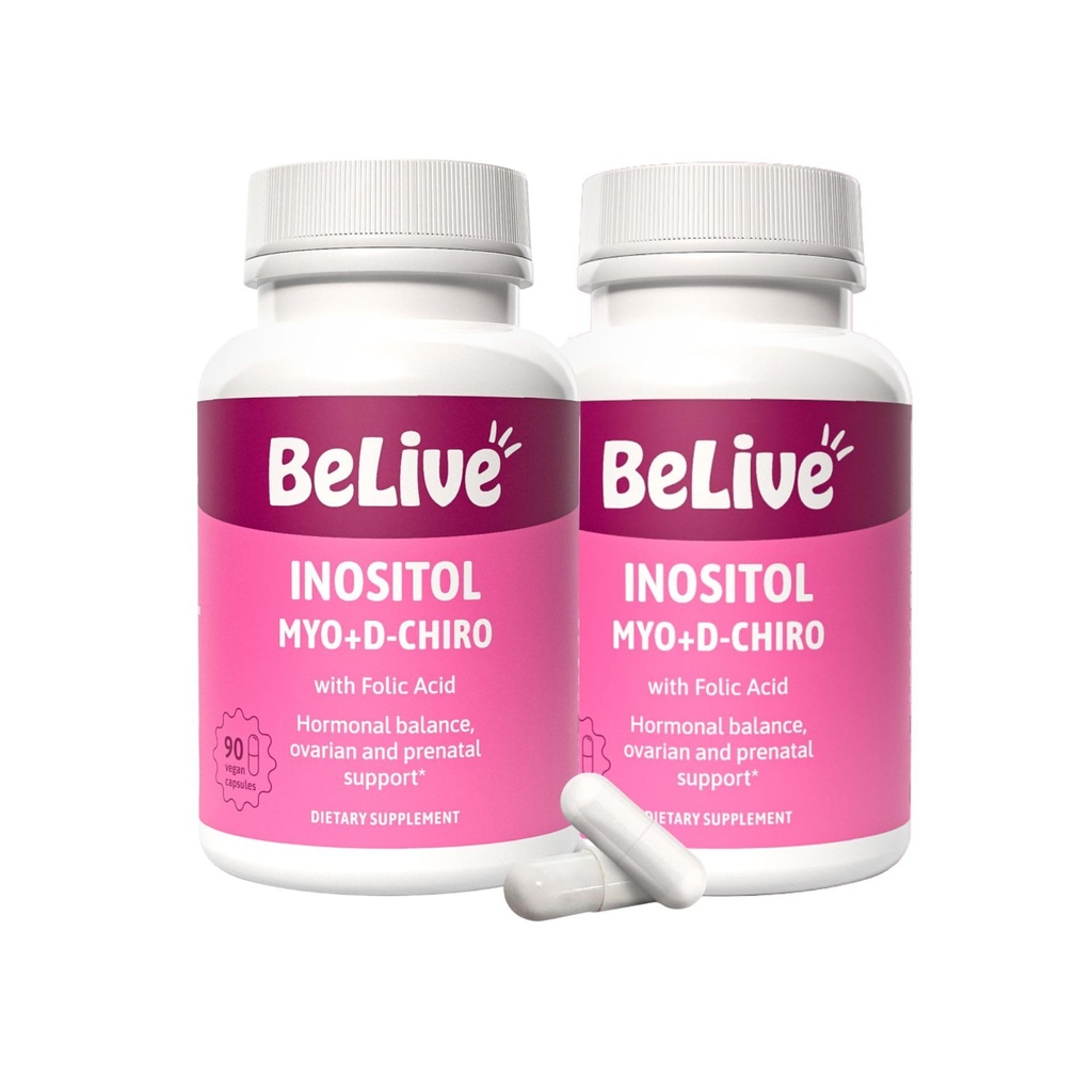 BeLive Myo-Inositol & D-Chiro Inositol Supplement - 2 Pack - 90 Capsules Varje - 40:1 Ratio med folsyra för kvinnor