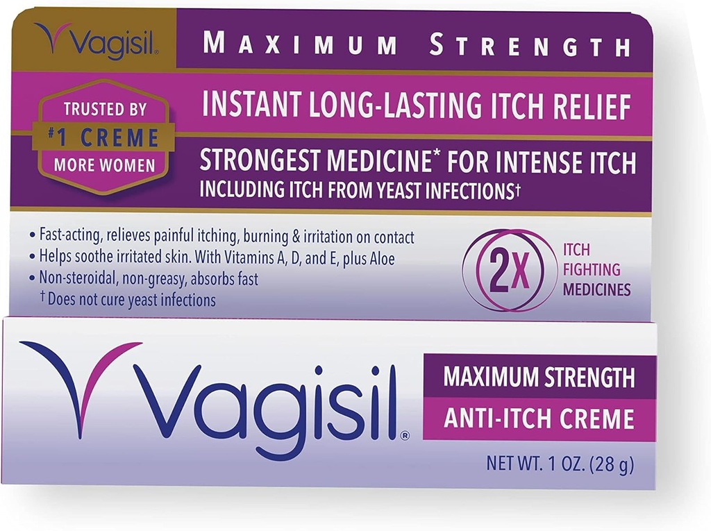 Vagisil Maximal Styrka Feminin Anti-Itch Cream med Benzocaine för kvinnor, hjälper till att lindra jästinfektion Irritation, Gynekolog Testad, Snabb-Acting, Soothes och Cools Skin, 1 uns