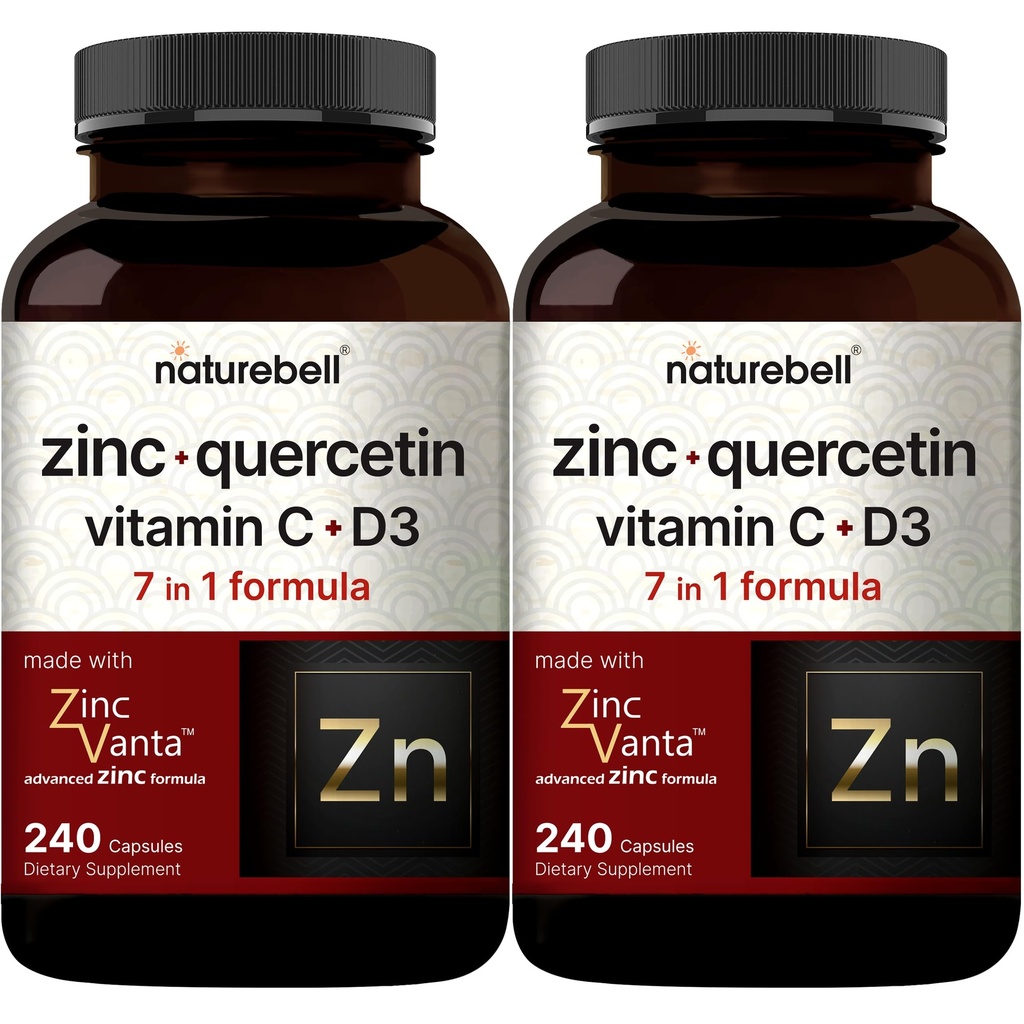 NatureBell Zinc Quercetin med vitamin C & D3, 480 kapslar (2 Pack) | Quercetin 1,000mg + Zink 50mg + Vitamin C 250mg + Vitamin D3 5,000 IE | 4-i-1 Avancerad immun & Lung Support | ZincVanta Formel