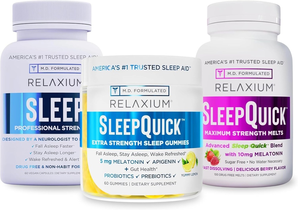 Relaxium Sleep | 60 kapsel + Sleep Quick Melts + Gummies (Family Pack Sleep Bundle)