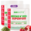 GOBIOTIX Super Greens and Reds Powder - Red and Green Superfood - Probiotisk tillskott - Digestive Enzymes och Beet Root Powder - Organic Whole Foods Dietary Supplement (Pom Raspberry, 2 Pack)